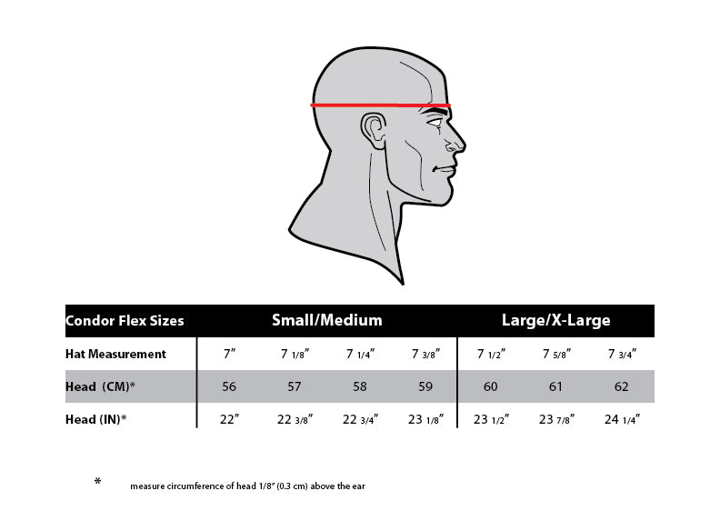 Condor Outdoor hat size chart for tactical, casual, recreational cap, mesh, baseball, flex,