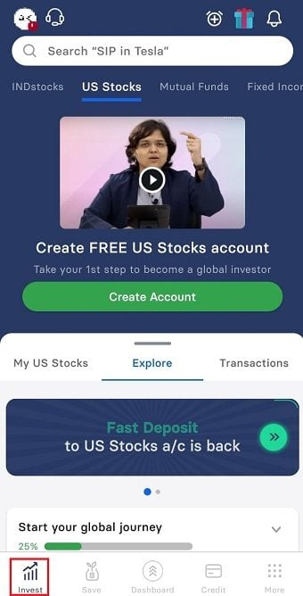 navigate to the Invest tab located at the bottom of the app