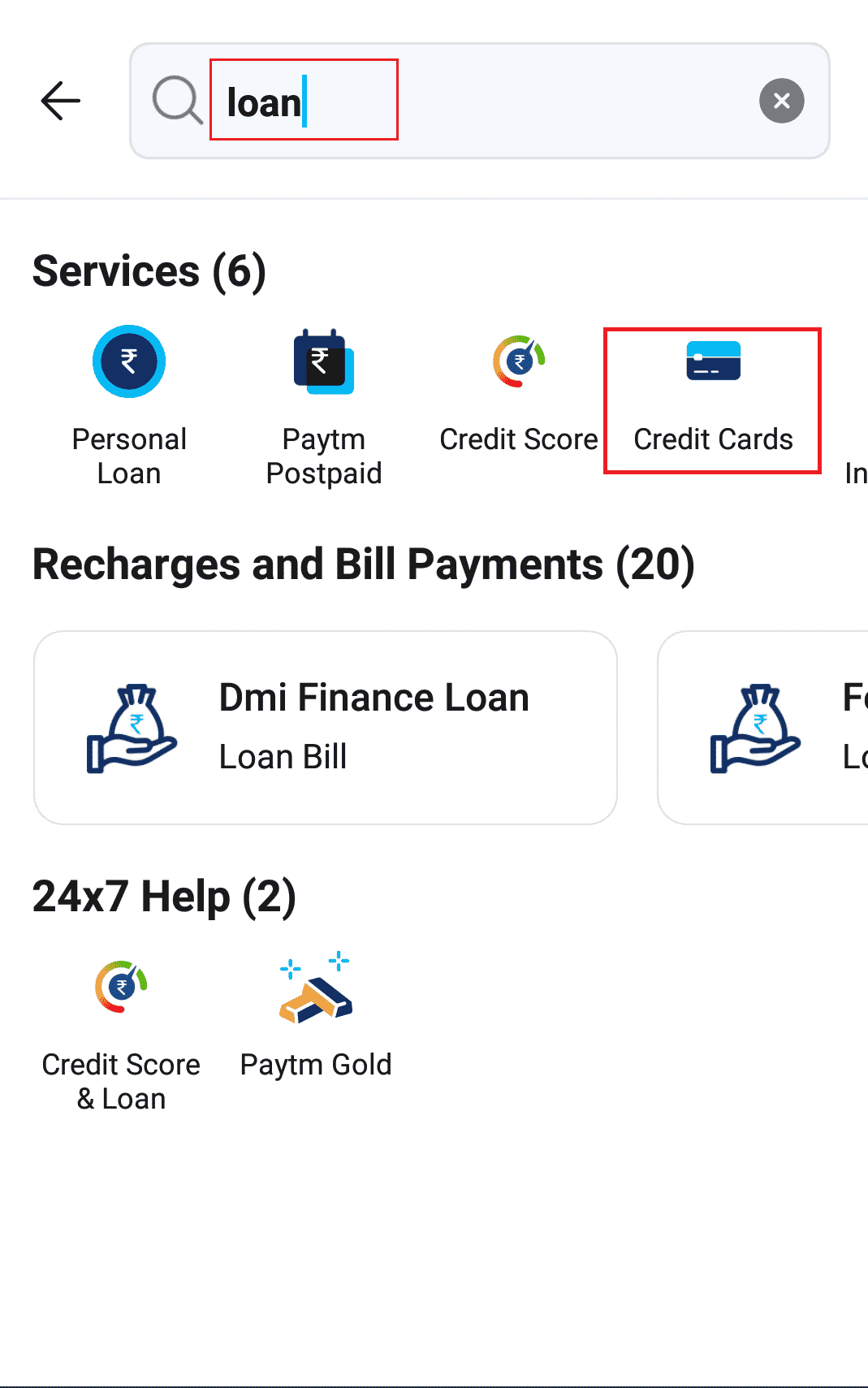 Paytm search loan in search bar choose Credit Cards