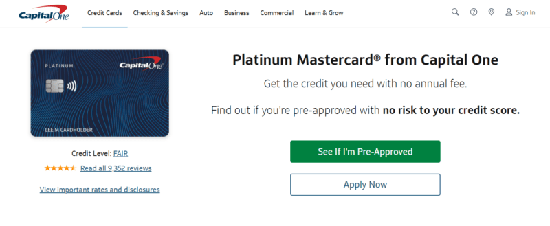 Capital One Platinum Credit Card page