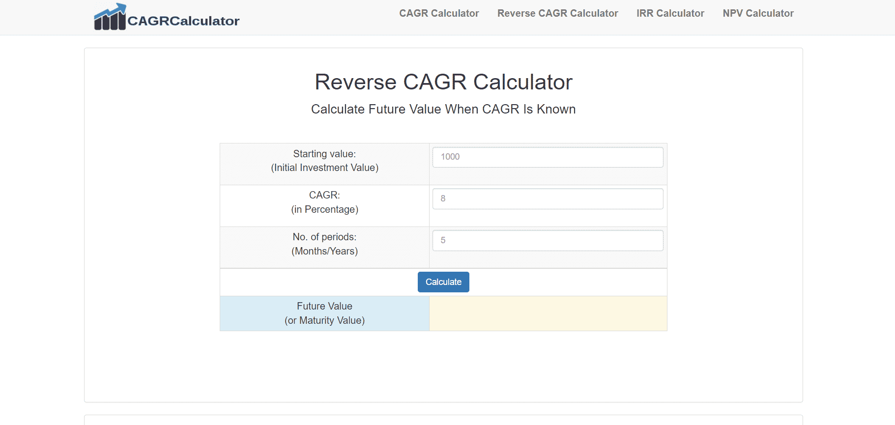 Reverse CAGR Calculator homepage