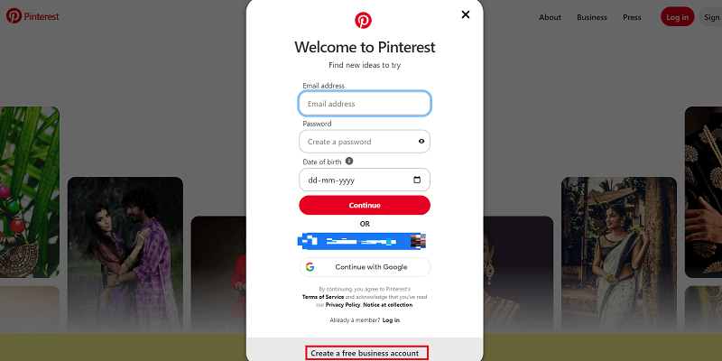 Select the option to Create a Pinterest business account